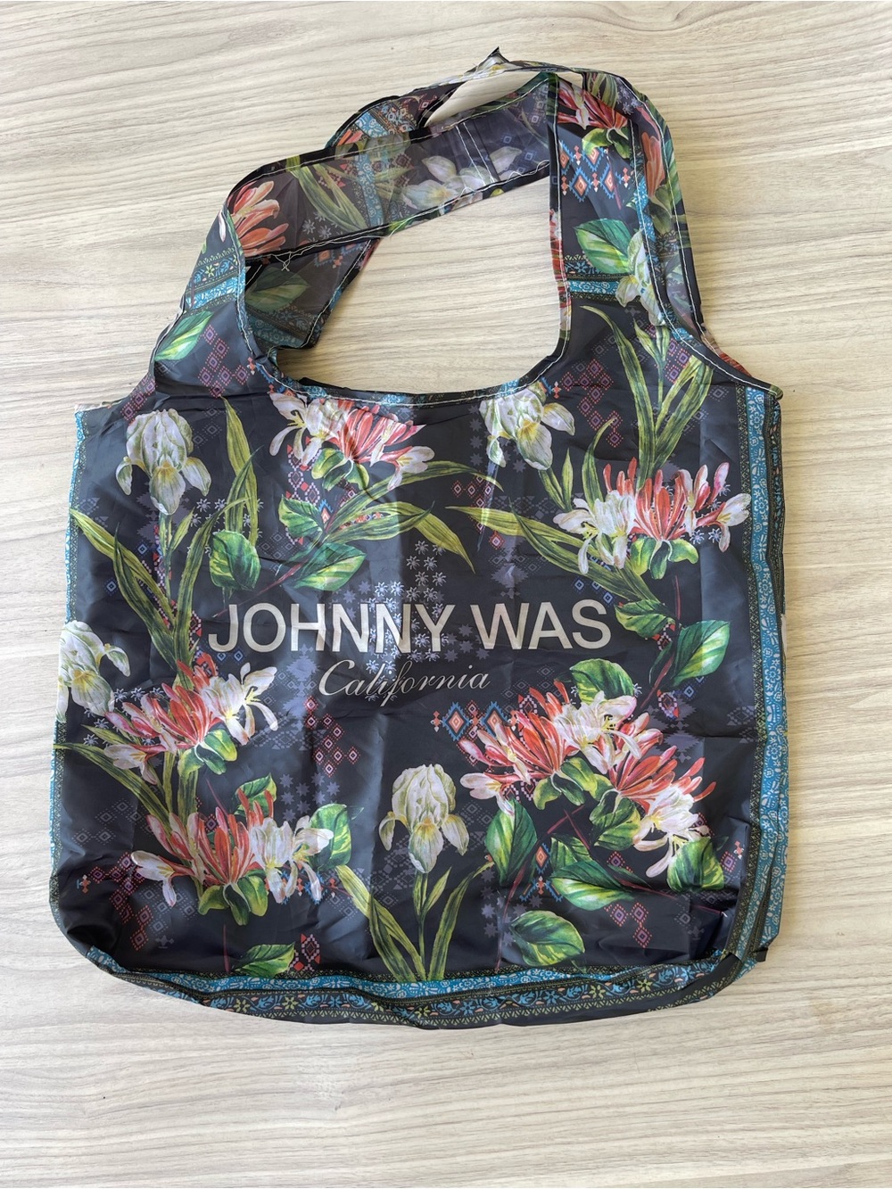 Johnny Was Black Floral Foldable Tote with Green and Pink Botanicals